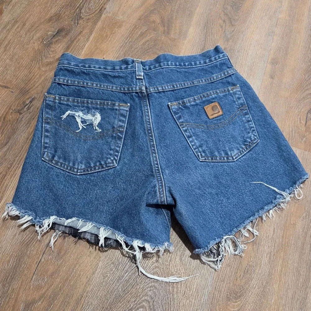 Carhartt B172 DST Flannel Lined Denim Cut Off Shorts 30 Dark Stone Plaid